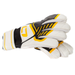 weiße Fußballhandschuhe mit schwarz/gelbem Design