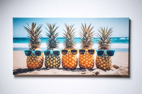 Akustikbild mit bespanntem Motiv mit Ananas am Strand und Sonnenbrille